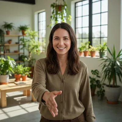 Clara Greenfield, a green living consultant, smiling and offering a handshake in a modern, eco-friendly home. Natural light, lush indoor plants, clean aesthetic.