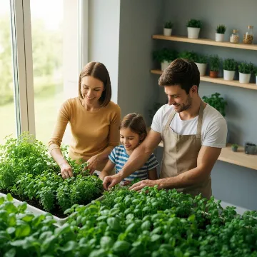Family tending to an indoor garden with natural light, symbolizing a healthy, green home