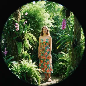 Clara Greenfield smiling, surrounded by lush green plants and natural home decor, representing eco-friendly living.
