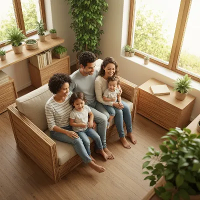 Happy family in a modern, eco-friendly home with natural light and green plants
