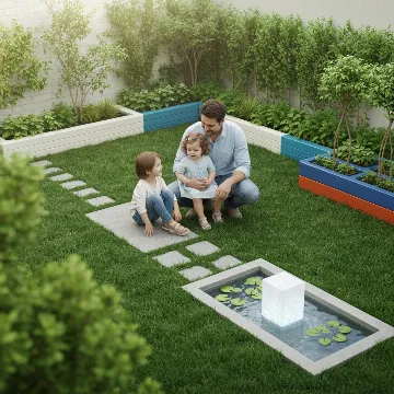 A family enjoying a beautifully designed green home garden with sustainable decor and non-toxic materials
